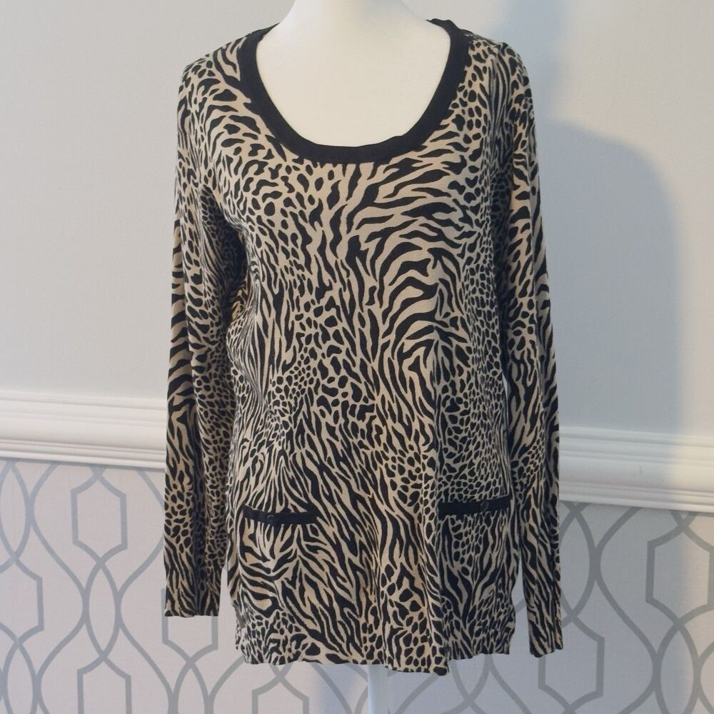 NWT Carolyn Taylor L Womens Beige Black Tiger Tunic Sweater Pullover Faux Pocket